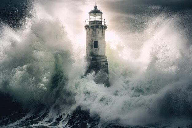 Photo a lighthouse crashing into the ocean