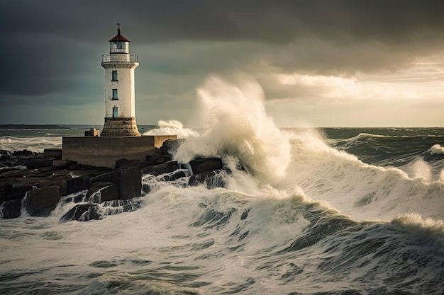 a lighthouse crashing on a rocky wall