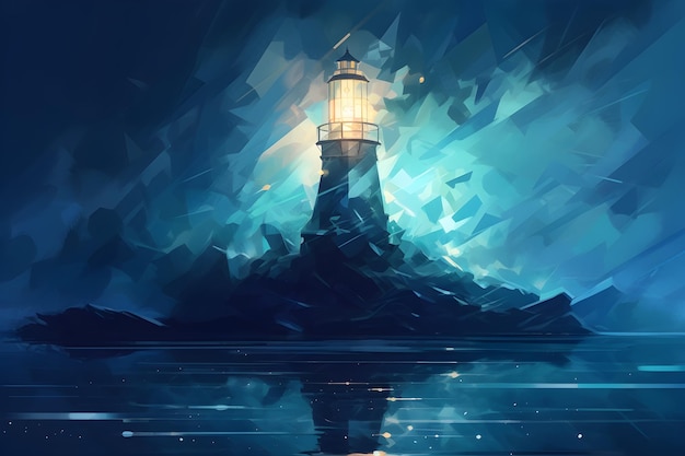 A lighthouse in the dark with a light on it