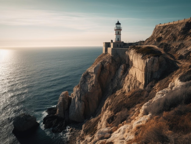 Lighthouse on the edge of a cliff by the sea AI generative