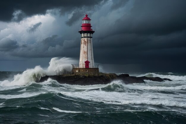 Lighthouse enduring stormy seas at dusk