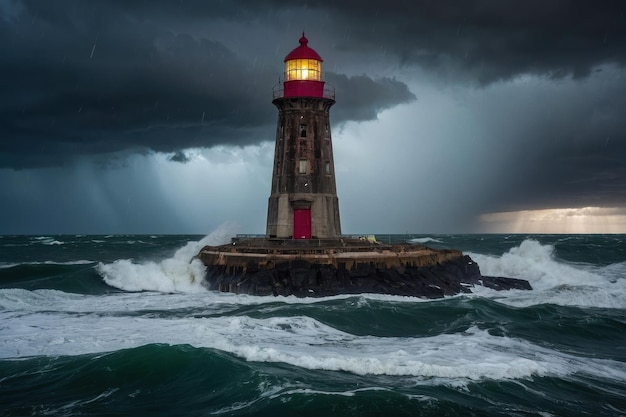 Lighthouse enduring stormy seas at dusk