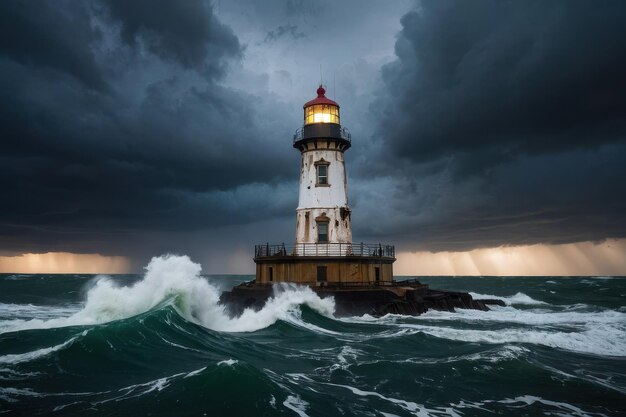 Lighthouse enduring stormy seas at dusk