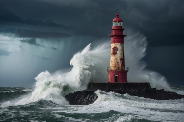 Photo lighthouse enduring stormy seas at dusk