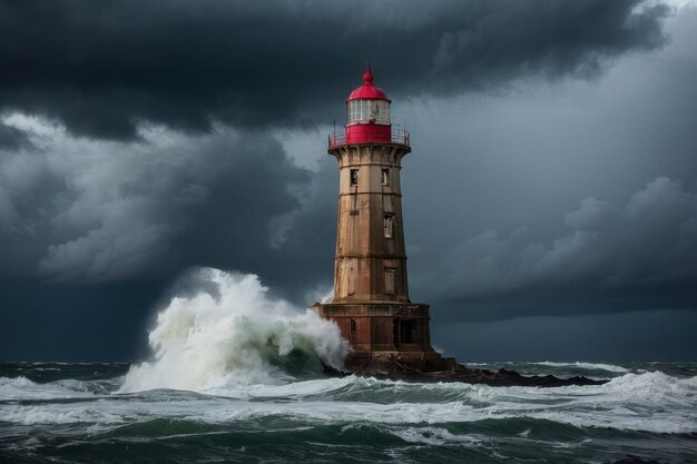 Lighthouse enduring stormy seas at dusk