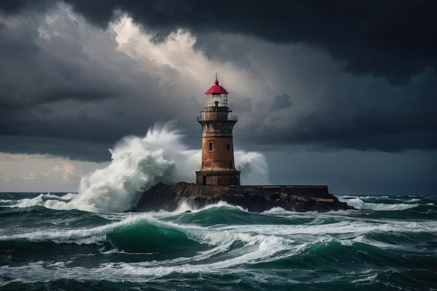 Lighthouse enduring stormy seas at dusk