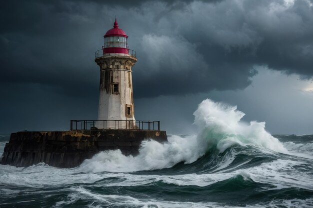 夕暮れの嵐の海を耐える灯台