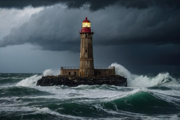 Lighthouse enduring stormy seas at dusk