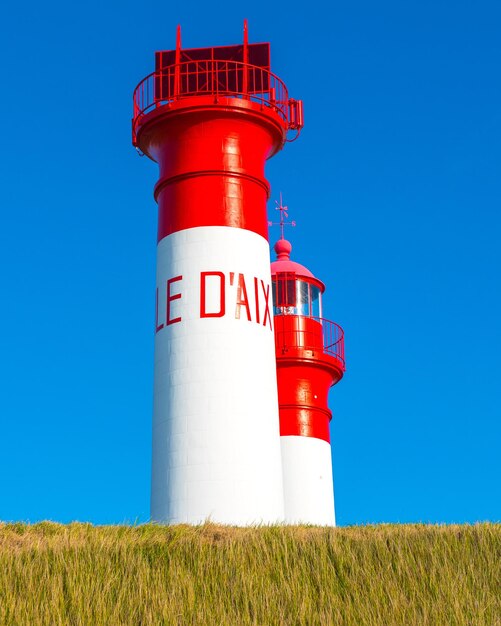 Lighthouse on field against sky