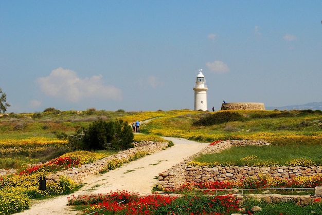 Foto faro sul sentiero tra gli edifici contro il cielo