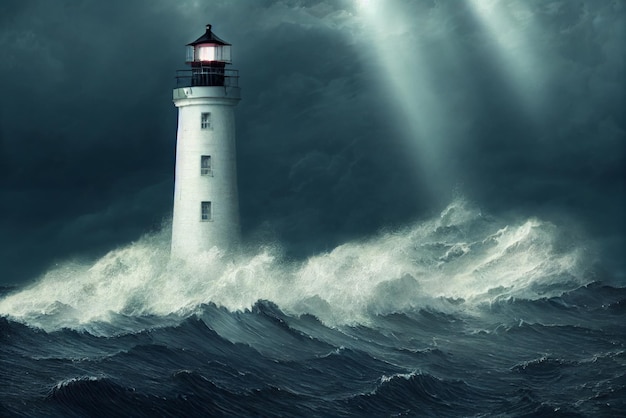 Photo lighthouse at the high vertical cliff in the middle of stormy sea