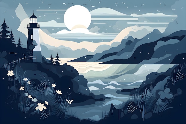 A lighthouse on a hill with a mountain in the background.