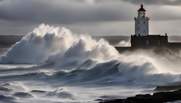 Photo a lighthouse is in the background of a storm and waves crashing against the pier