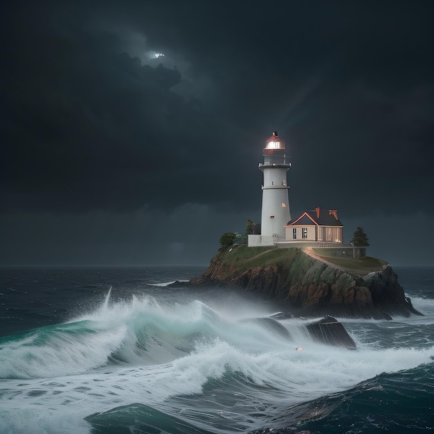 A lighthouse is on a cliff with a full moon in the background.