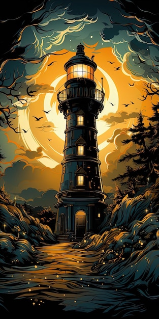 a lighthouse is lit up in the night sky