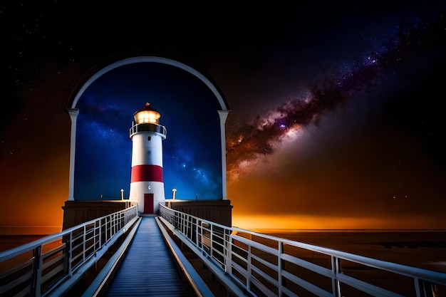 A lighthouse is lit up at night with a light on the top.