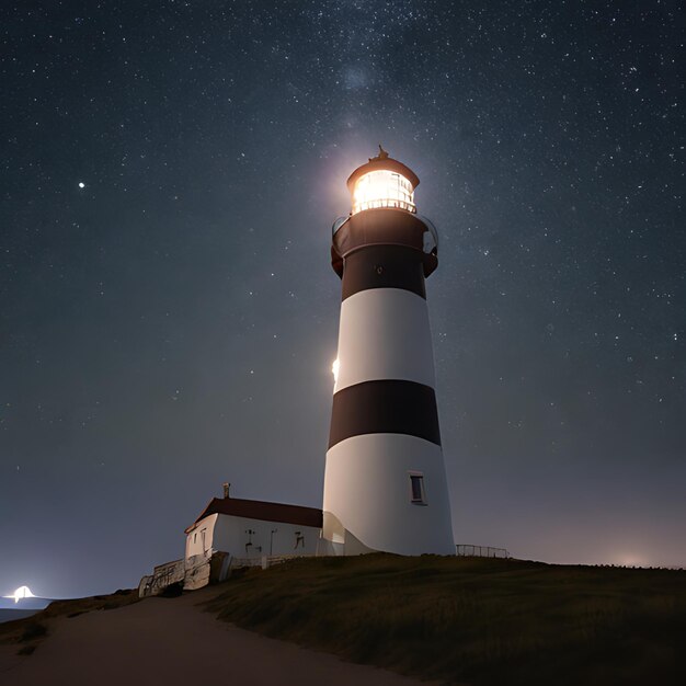 a lighthouse is lit up at night with the stars in the sky