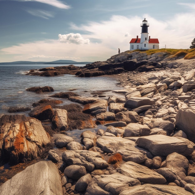 A lighthouse is on a rocky shore with a blue sky and clouds in the background.