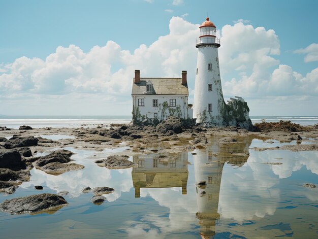 a lighthouse is on the shore of a lake