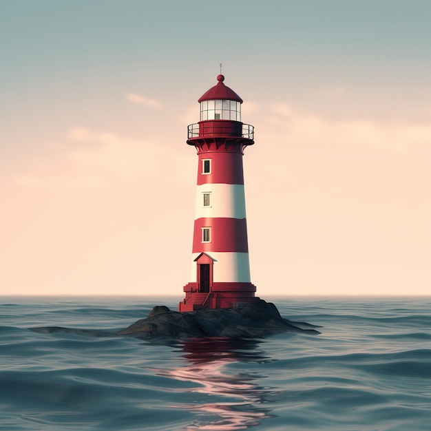 A lighthouse is on a small island in the ocean.