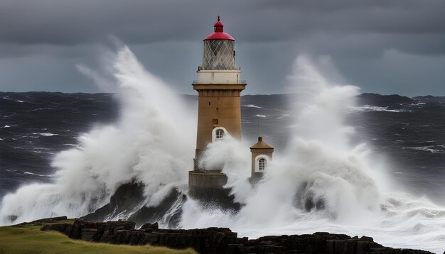 Photo a lighthouse is surrounded by waves crashing against a rocky cliff