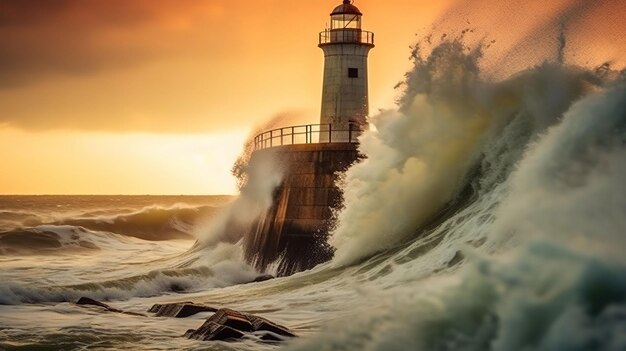 A lighthouse is in the water and the waves are crashing against the wall