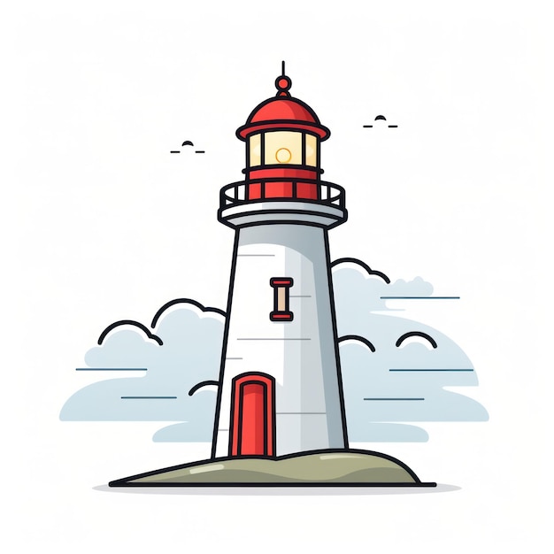 Photo lighthouse on the island illustration in flat cartoon style generative ai
