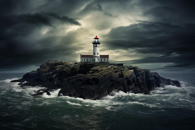 Lighthouse on island in sea or ocean under rain