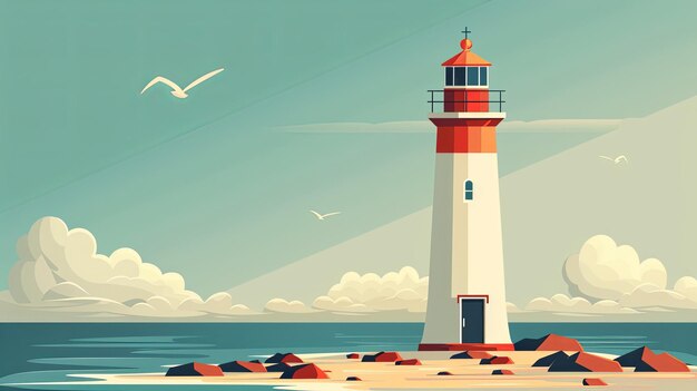 Lighthouse landscape in the coast with panoramic view of ocean Cartoon style