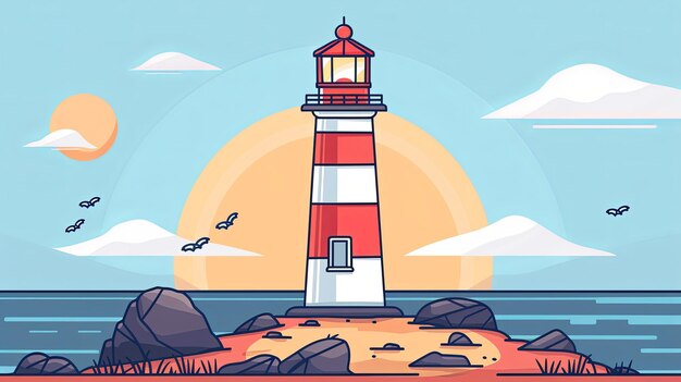 Lighthouse landscape in the coast with panoramic view of ocean Cartoon style