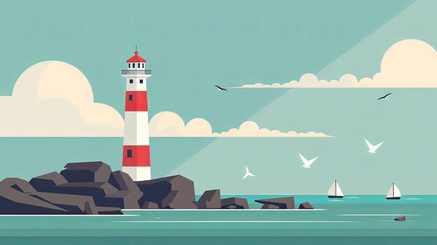 Lighthouse landscape in the coast with panoramic view of ocean Cartoon style