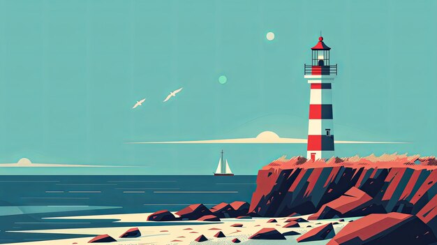 Lighthouse landscape in the coast with panoramic view of ocean Cartoon style