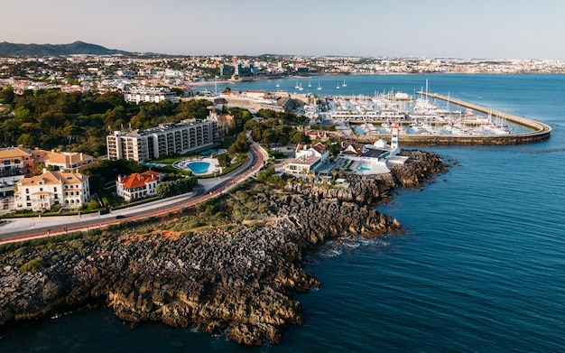 Lighthouse and marina of Cascais Portugal aerial view