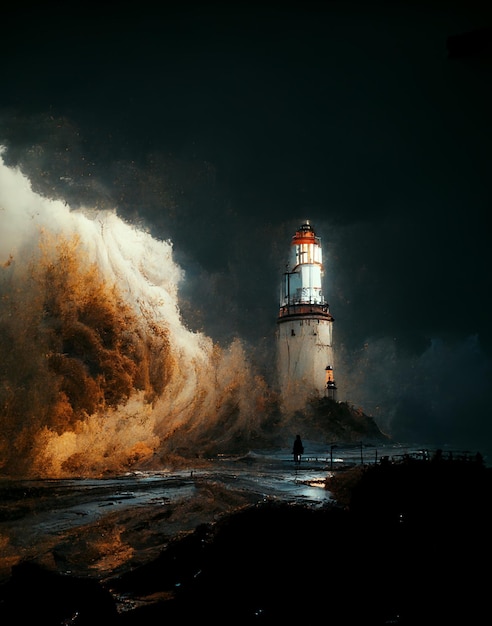 Lighthouse in the middle of a huge wave generative ai