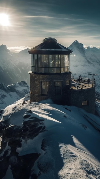 A lighthouse on a mountain with snow on the roof and a mountain in the background