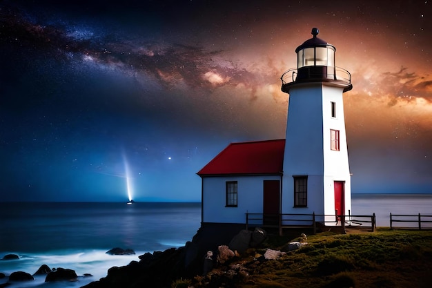 Photo a lighthouse on a night sky with the stars in the background