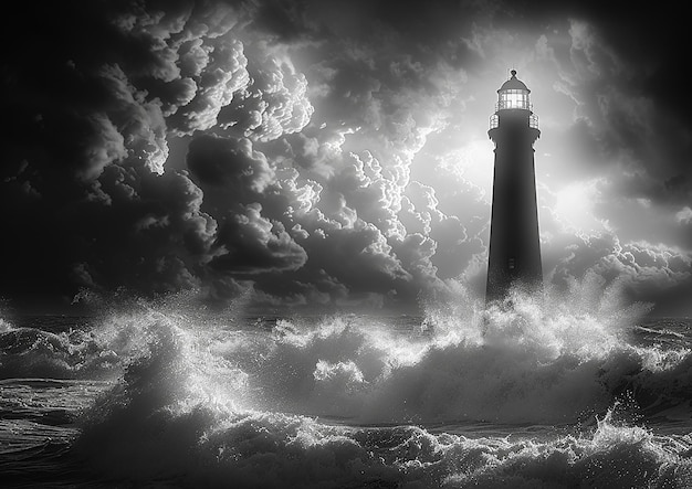 a lighthouse in the ocean is surrounded by waves and a lighthouse