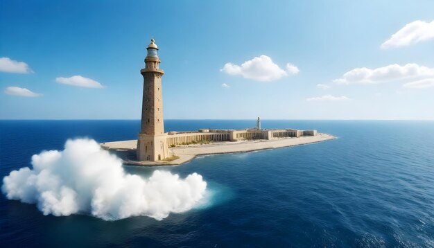 a lighthouse in the ocean with a cloud of smoke coming out of the top