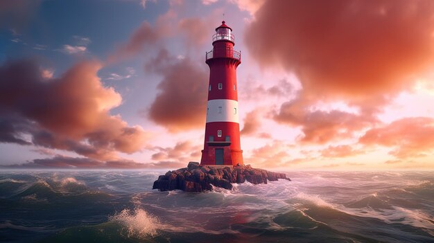 A lighthouse in the ocean with a cloudy sky