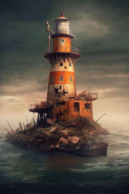 A lighthouse in the ocean with debris on it.