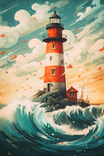 A lighthouse in the ocean with a wave crashing on it