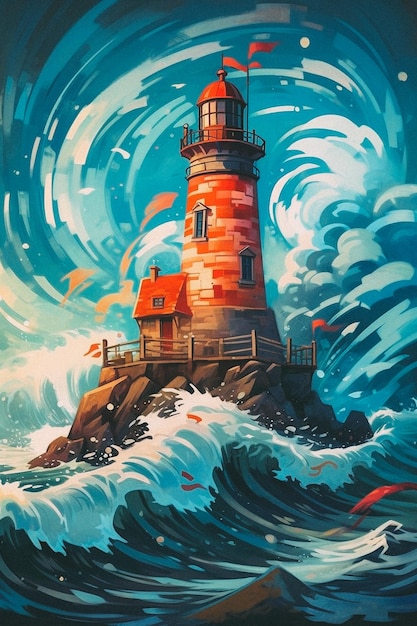 A lighthouse in the ocean with a wave crashing on it