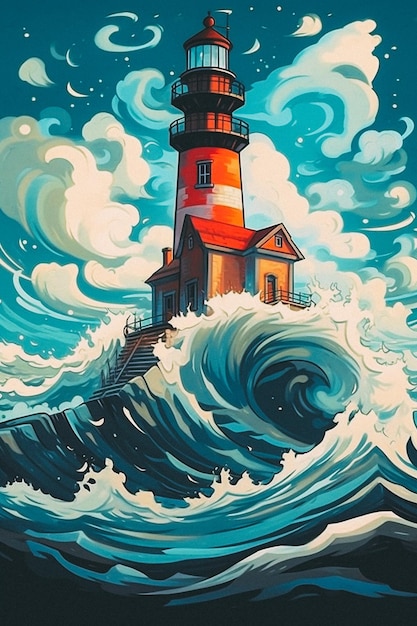 A lighthouse in the ocean with a wave crashing on it