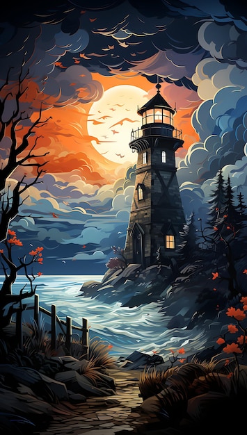 a lighthouse painting on a rocky island nighttime