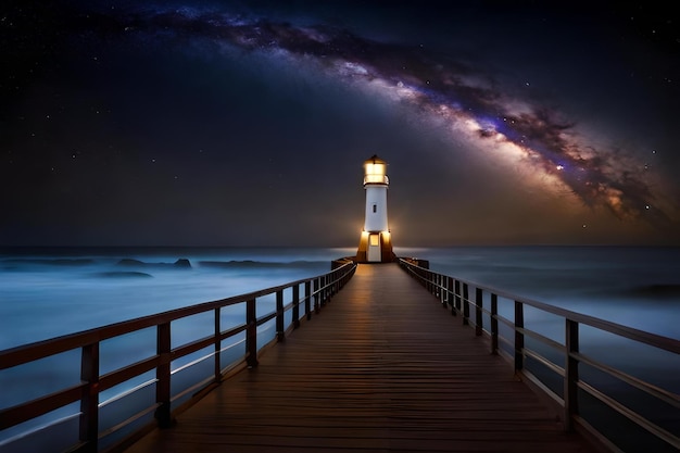 Photo a lighthouse on a pier with a starry sky at the top.
