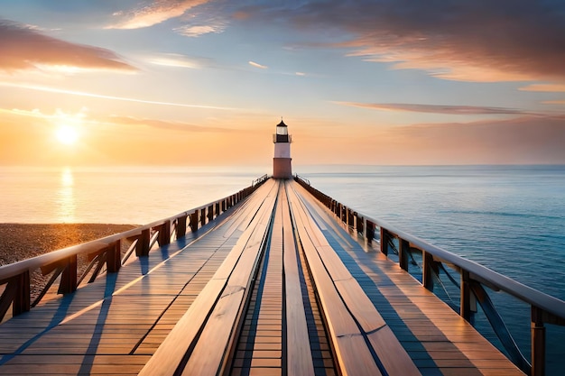 A lighthouse on a pier with the sun setting behind it