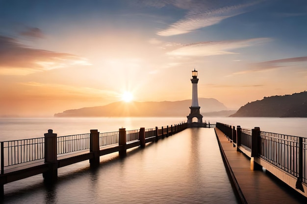 A lighthouse on a pier with a sunset in the background