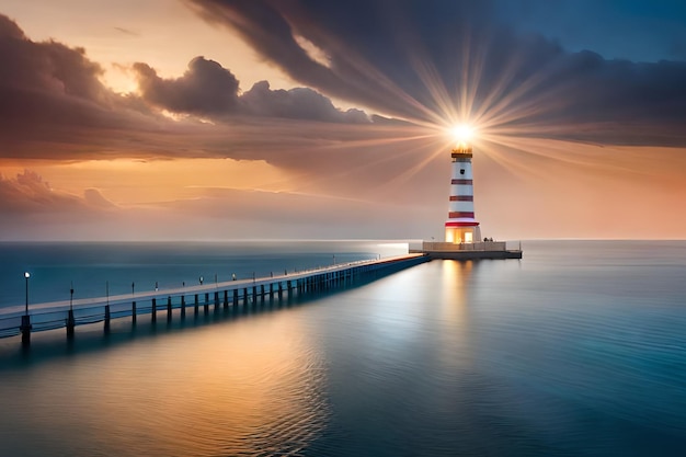 Lighthouse on a pier with a sunset in the background