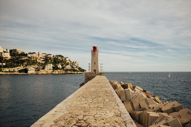 Lighthouse at port entrance of Nice, France.