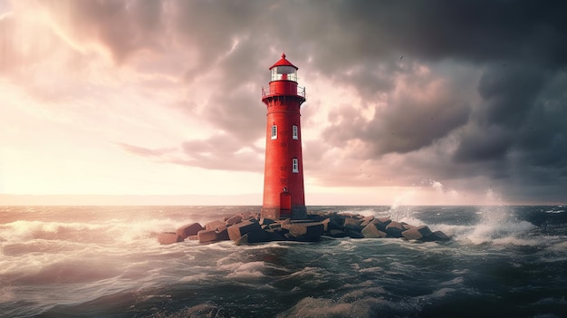 A lighthouse on a rock in the ocean